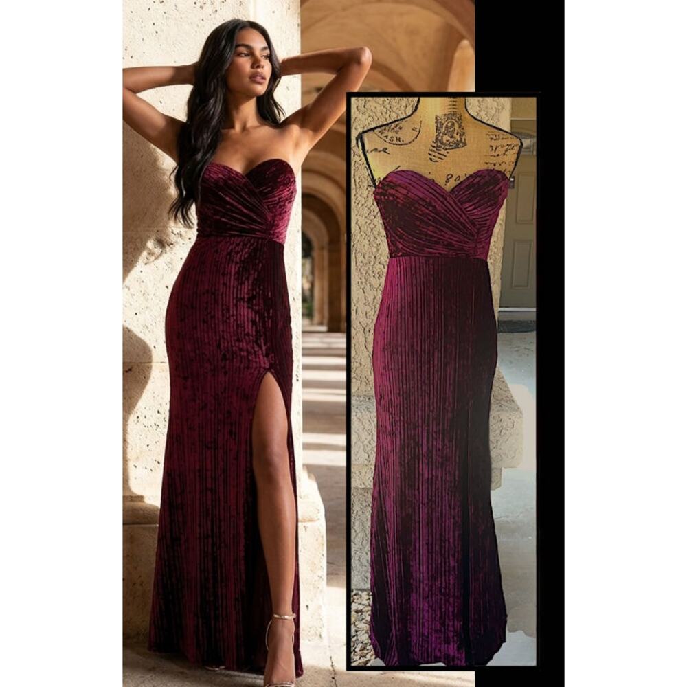 Lulus Plum Velvet Pleated Strapless Classy Sensation Maxi Dress Size S